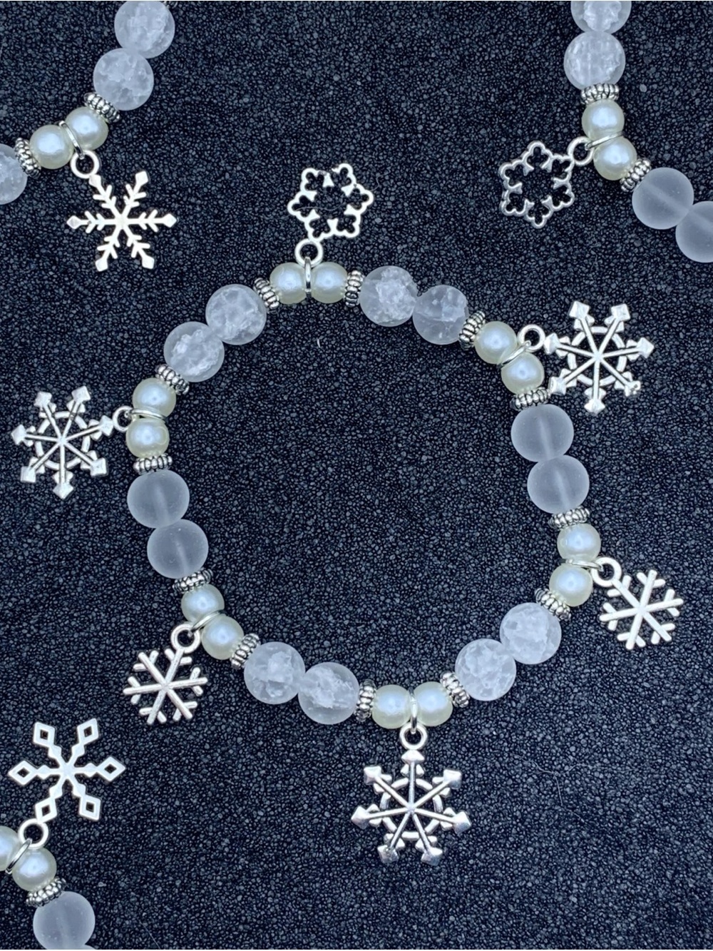 Cracked Glass & Pearl Snowflake Charm Bracelet - Elegant Winter Style